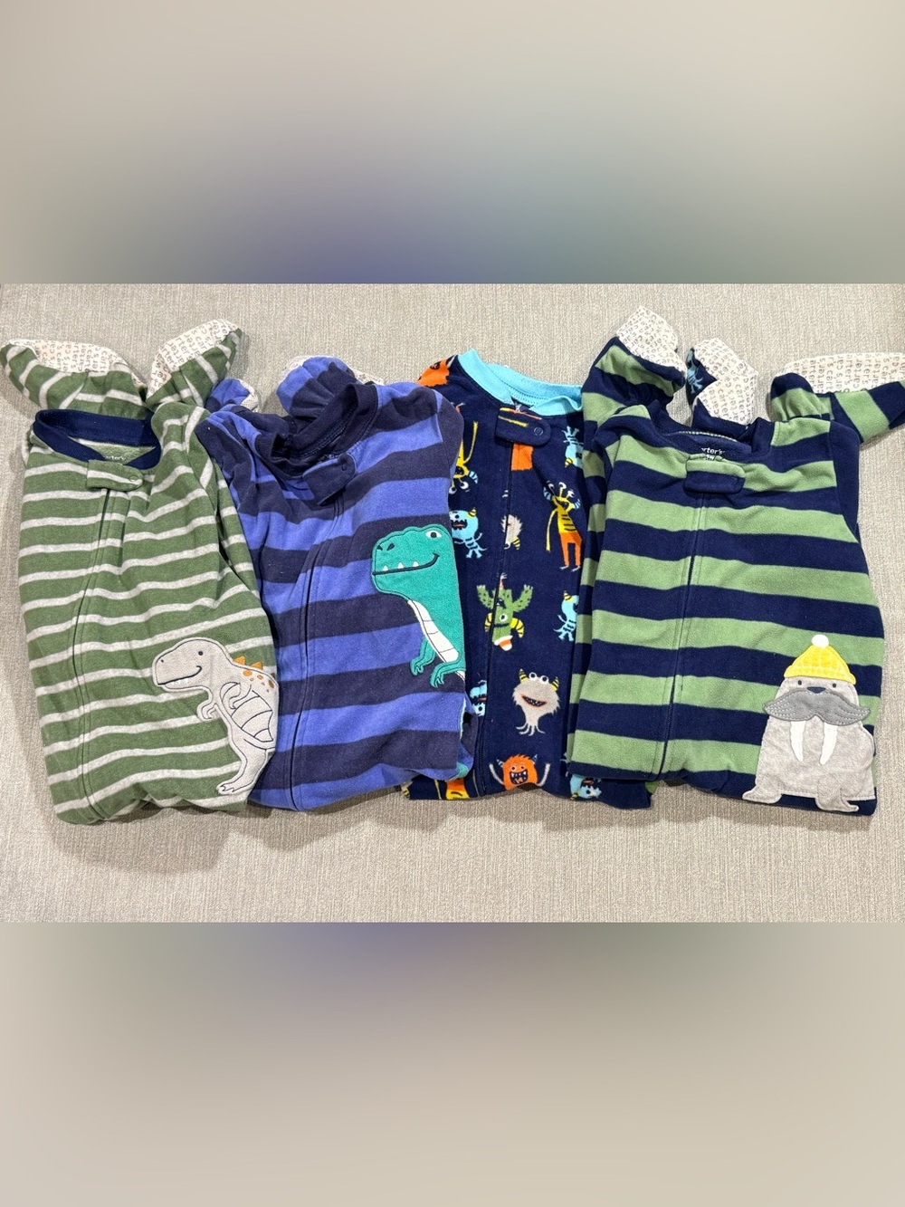 Carter's Blue & Green Striped Dino and Monster Fleece Footie Pajamas